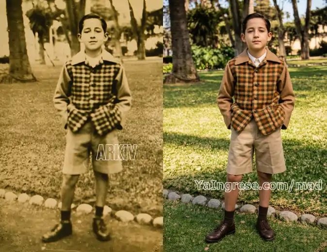 Antes y después restauración foto niño Marco Aurelio Denegri en parque con traje a cuadros - Imagen por yaingrese.com