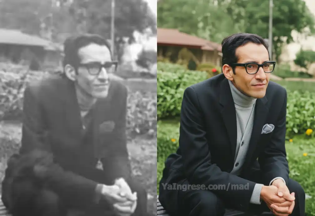 Comparativa antes y después de Marco Aurelio Denegri joven restaurada y coloreada con IA - Imagen por yaingrese.com