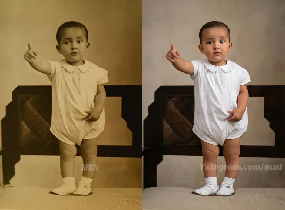 Comparativa del antes y después de la restauración con IA de una foto de niño de Marco Aurelio Denegri señalando hacia arriba - Restauración por yaingrese.com