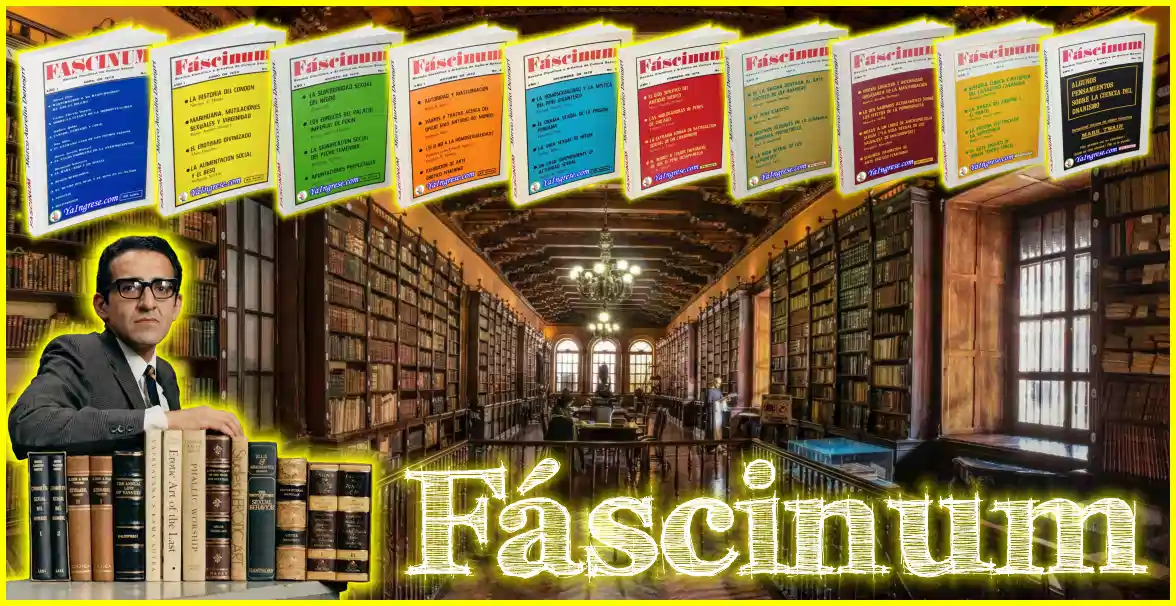 Colección de portadas de la Revista Fáscinum junto al intelectual Marco Aurelio Denegri en una biblioteca clásica - Composición digital por YaIngrese.com