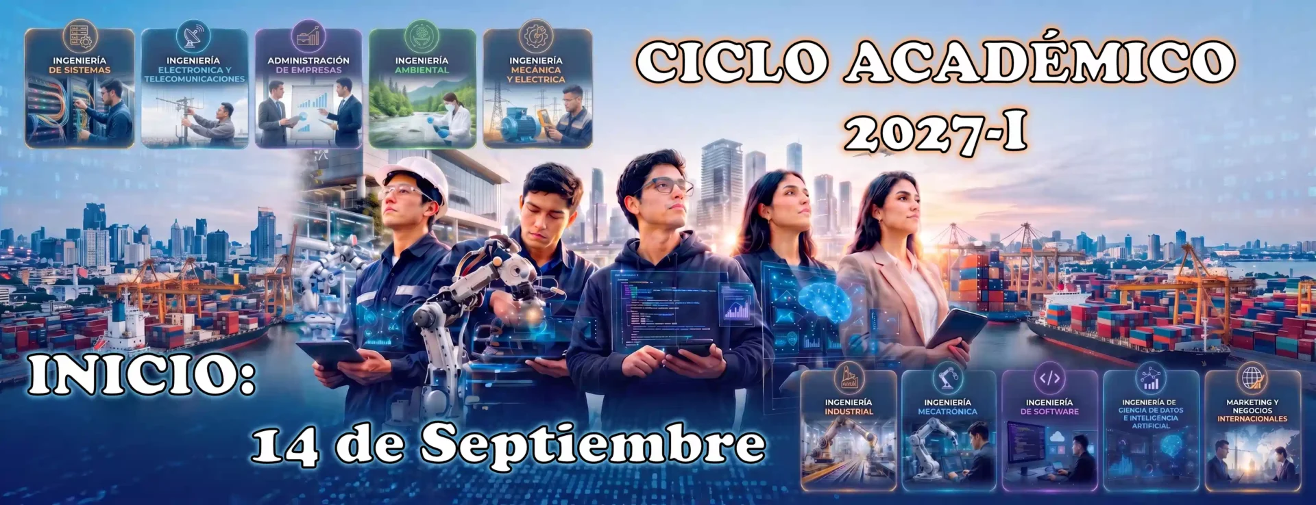 Estudiantes y profesionales frente a un entorno tecnológico e industrial con información sobre el inicio de clases del Ciclo Académico 2027-I de Cepreuntels - Imagen por yaingrese.com